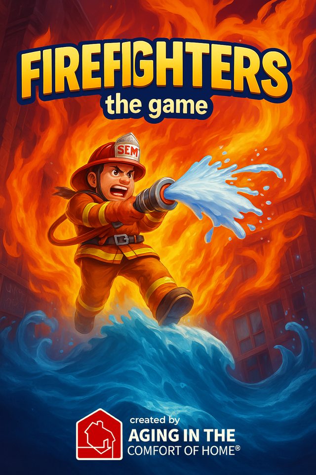 Firefighters: The Game poster, a firefighter blasting a wall of flame with a hose